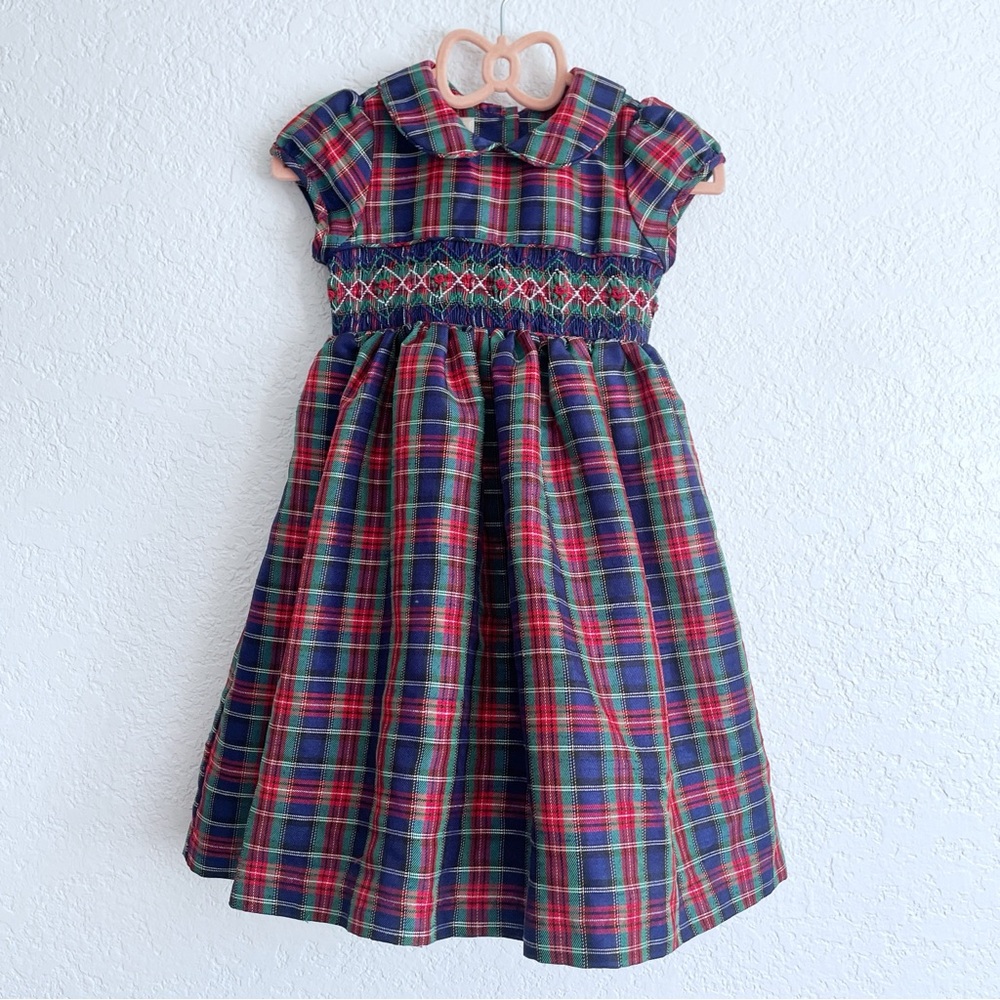Laura Ashley Plaid Smocked Girls 3T Dress Red Blue Holiday Festive Party